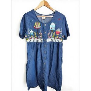 VTG Bechamel Grandmacore Farmcore Embroidered Chambray Button Up Dress Jean Sz M